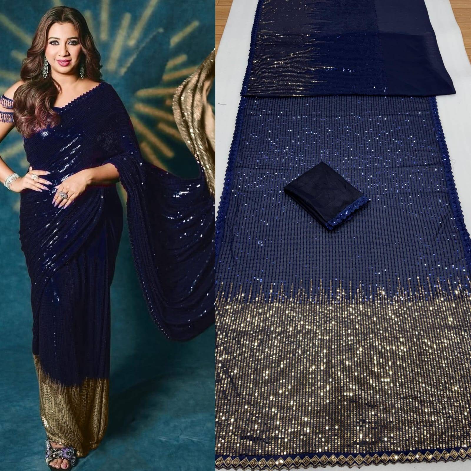 Navy Blue Bollywood Blockbuster Georgette Saree with Dual Sequin Embroidery
